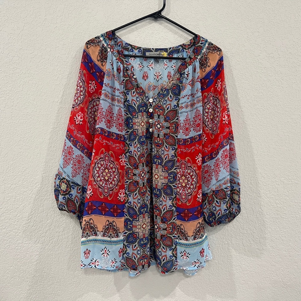 Figueroa & Flower Womens XL Paisley Tunic Blouse Blue Red Boho 3/4 Sleeve